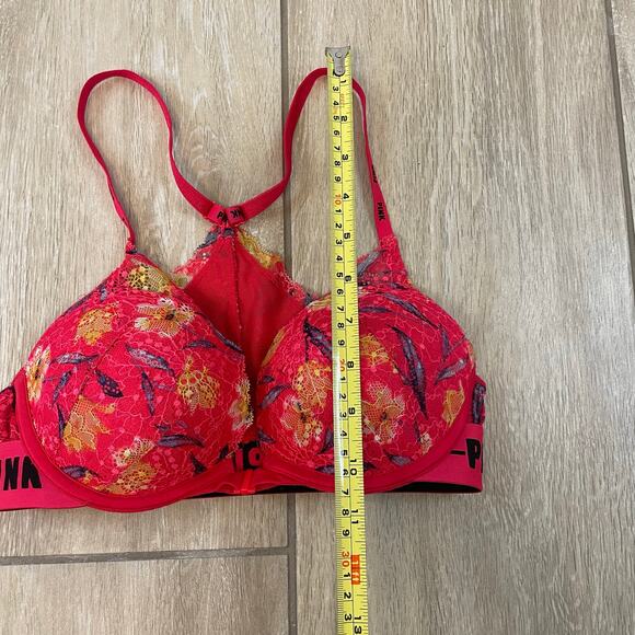 Victoria’s Secret PINK Date Push-Up Bra Floral Lace Underwire Racerback 32C Red - Picture 9 of 11